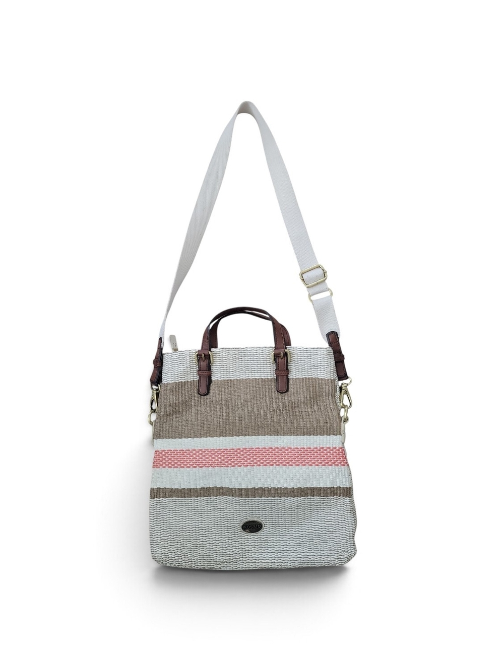 Fossil Explorer Beige, White and Pink Striped Woven/Leather Tote